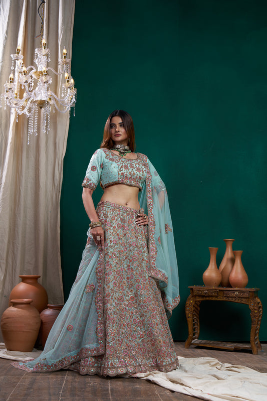 Dusty Blue Multi Embroidered lehenga