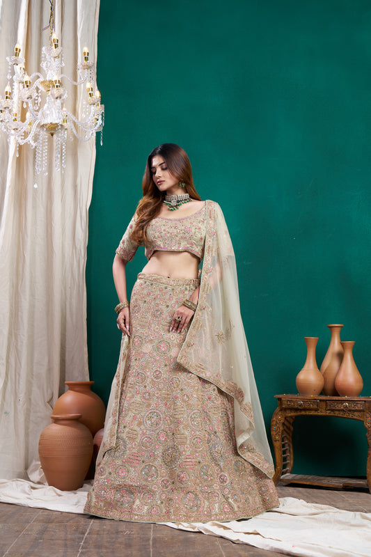 Dusty Green Multi-Color Embroidered Lehenga