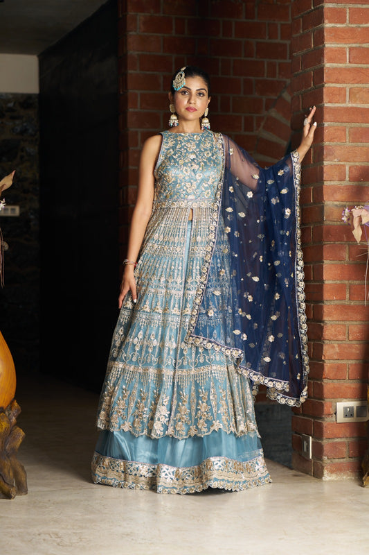 Dusty Blue Anarkali with Lehenga